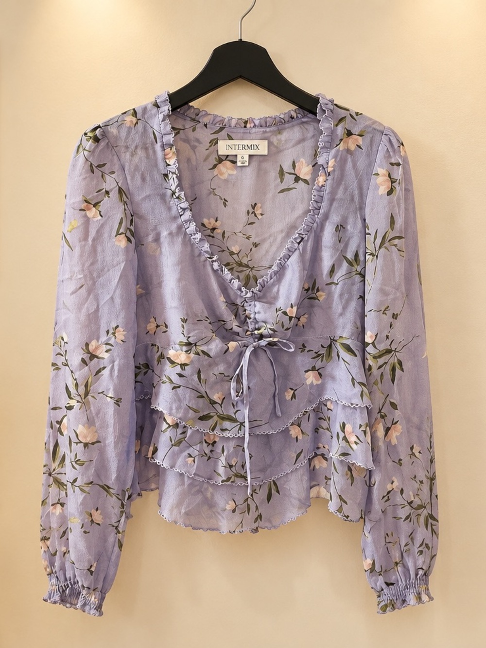 INTERMIX Lavender Floral Ruffle Tie-Front Blouse